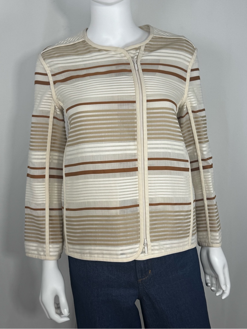 Lafayette 148 New York Cotton Silk Striped Zip Jacket Sheer Beige Brown Sz P